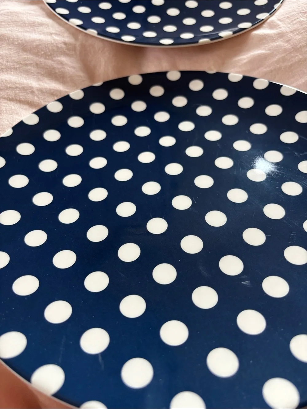 2 Kate Spade Melamine NOT plastic Navy Blue Polka Dot Dinner Plates White Dots